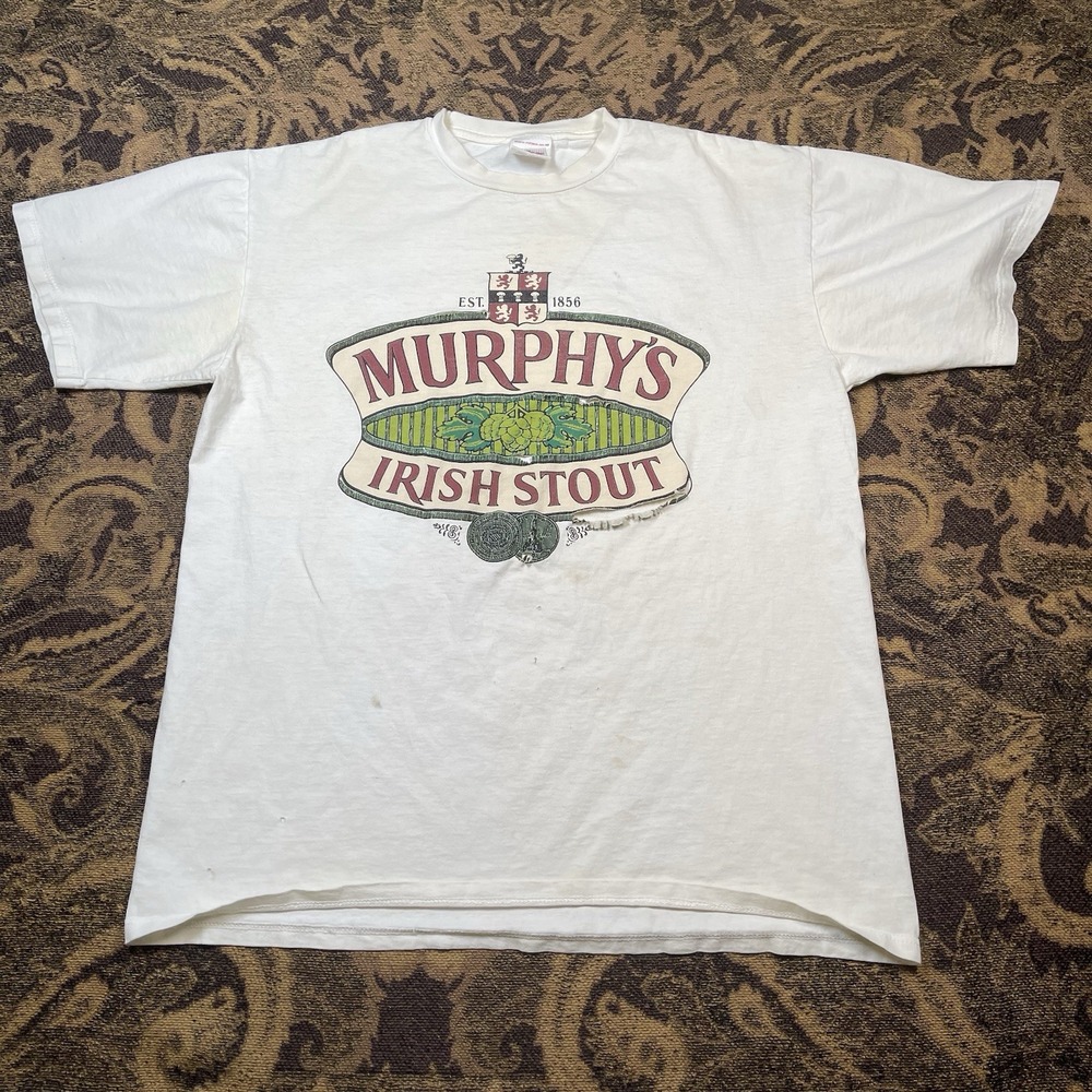 Vtg 90s Murphy's Irish Stout Beer White T-Shirt Mens Size Large Distressed